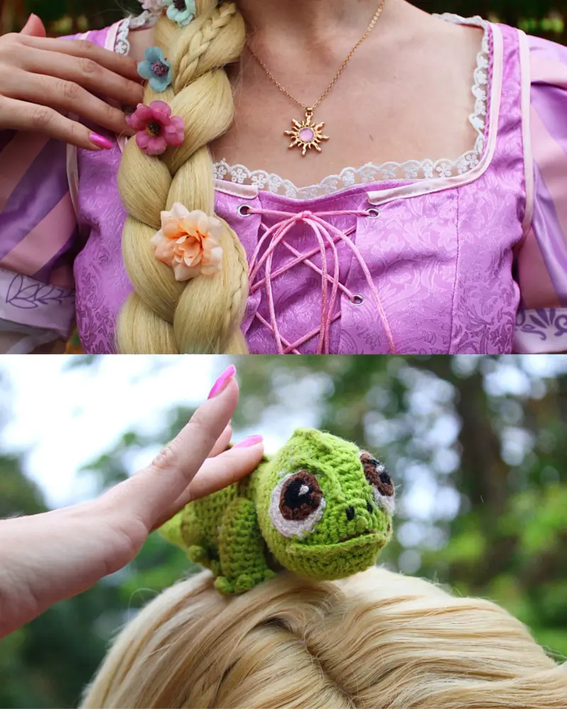 Detalles del vestido, la trenza y los accesorios de Rapunzel